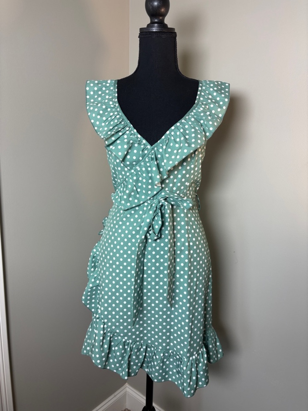 Polka Dot Ruffle Wrap Dress - Sage Green